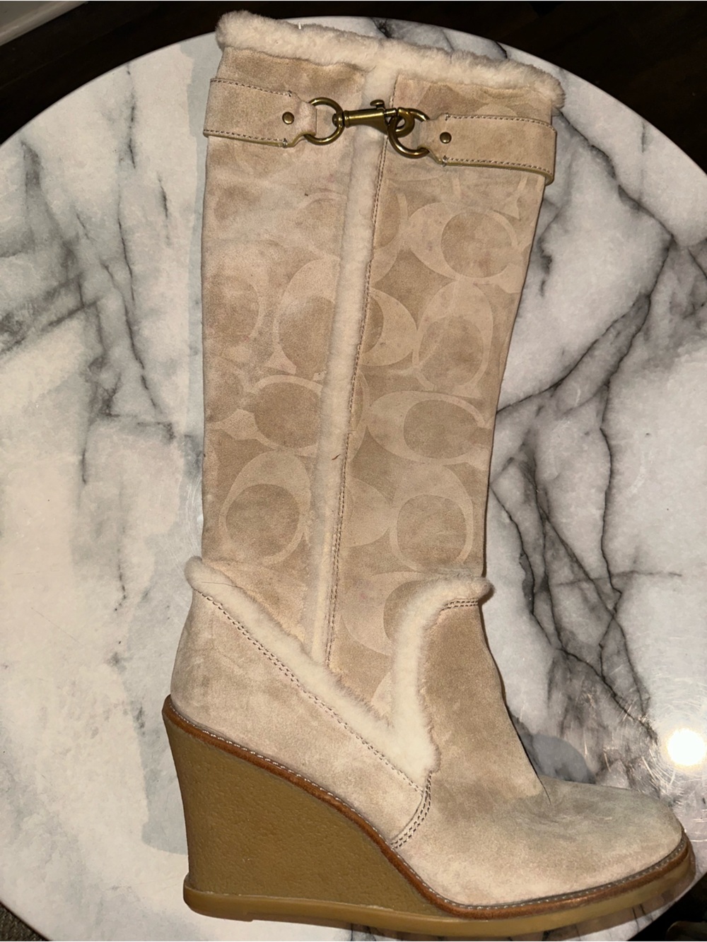 Coach Tan Suede Shearling-Trim Knee Boots with Gold Hardware